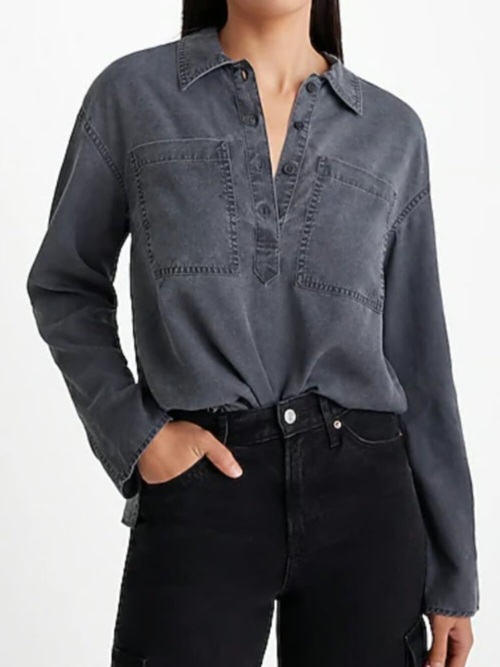 Express Womens Washed Gray Button-Down Casual Shirt